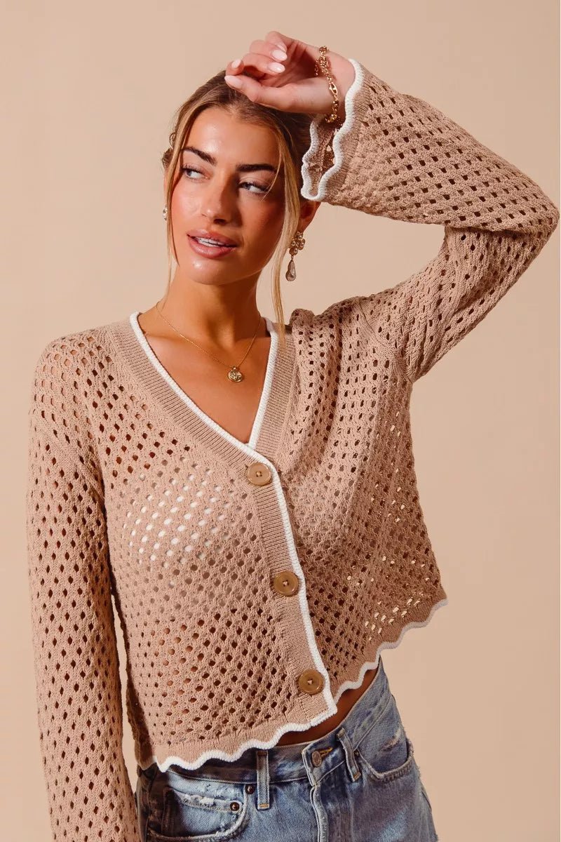 SO ME Open Knit Light Weight Sweater Cardigan With Contrast Wavy Scallop Edge - Rooted & Reckless Co.