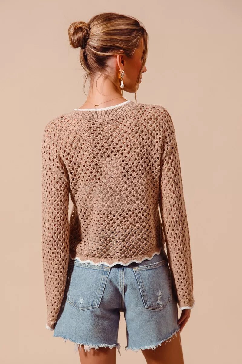 SO ME Open Knit Light Weight Sweater Cardigan With Contrast Wavy Scallop Edge - Rooted & Reckless Co.