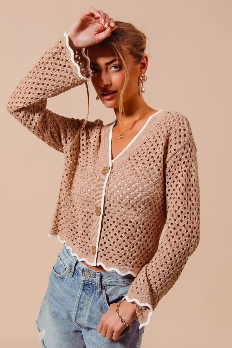 SO ME Open Knit Light Weight Sweater Cardigan With Contrast Wavy Scallop Edge - Rooted & Reckless Co.