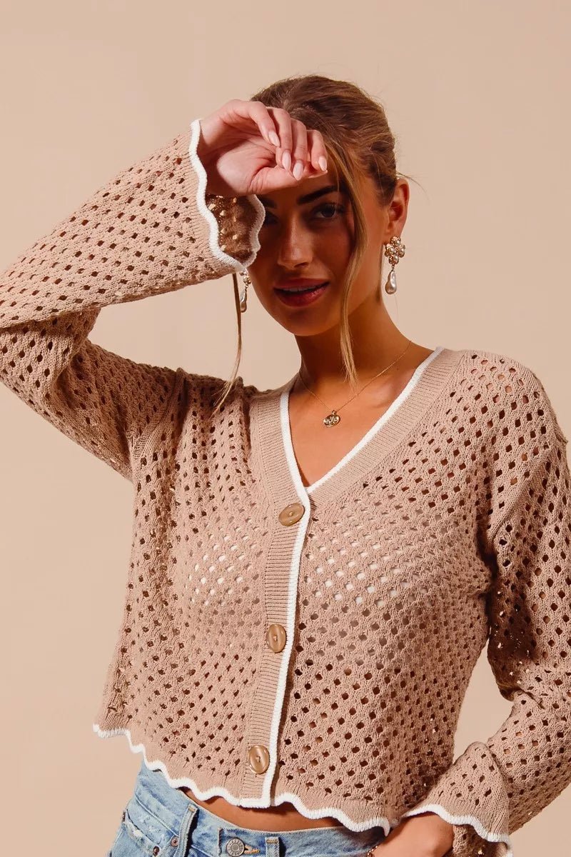 SO ME Open Knit Light Weight Sweater Cardigan With Contrast Wavy Scallop Edge - Rooted & Reckless Co.