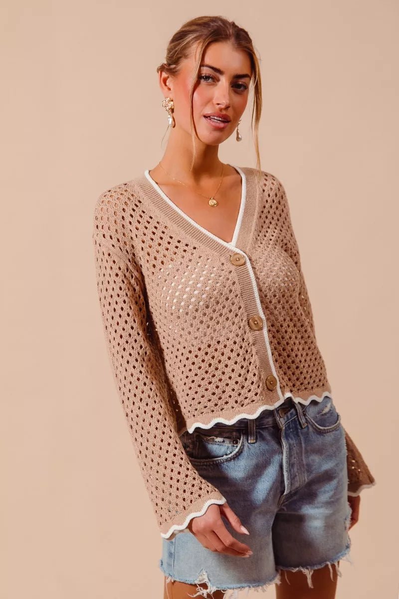 SO ME Open Knit Light Weight Sweater Cardigan With Contrast Wavy Scallop Edge - Rooted & Reckless Co.
