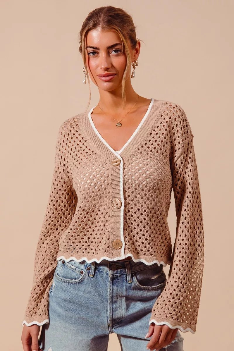 SO ME Open Knit Light Weight Sweater Cardigan With Contrast Wavy Scallop Edge - Rooted & Reckless Co.