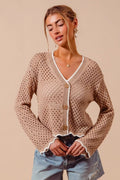 SO ME Open Knit Light Weight Sweater Cardigan With Contrast Wavy Scallop Edge - Rooted & Reckless Co.