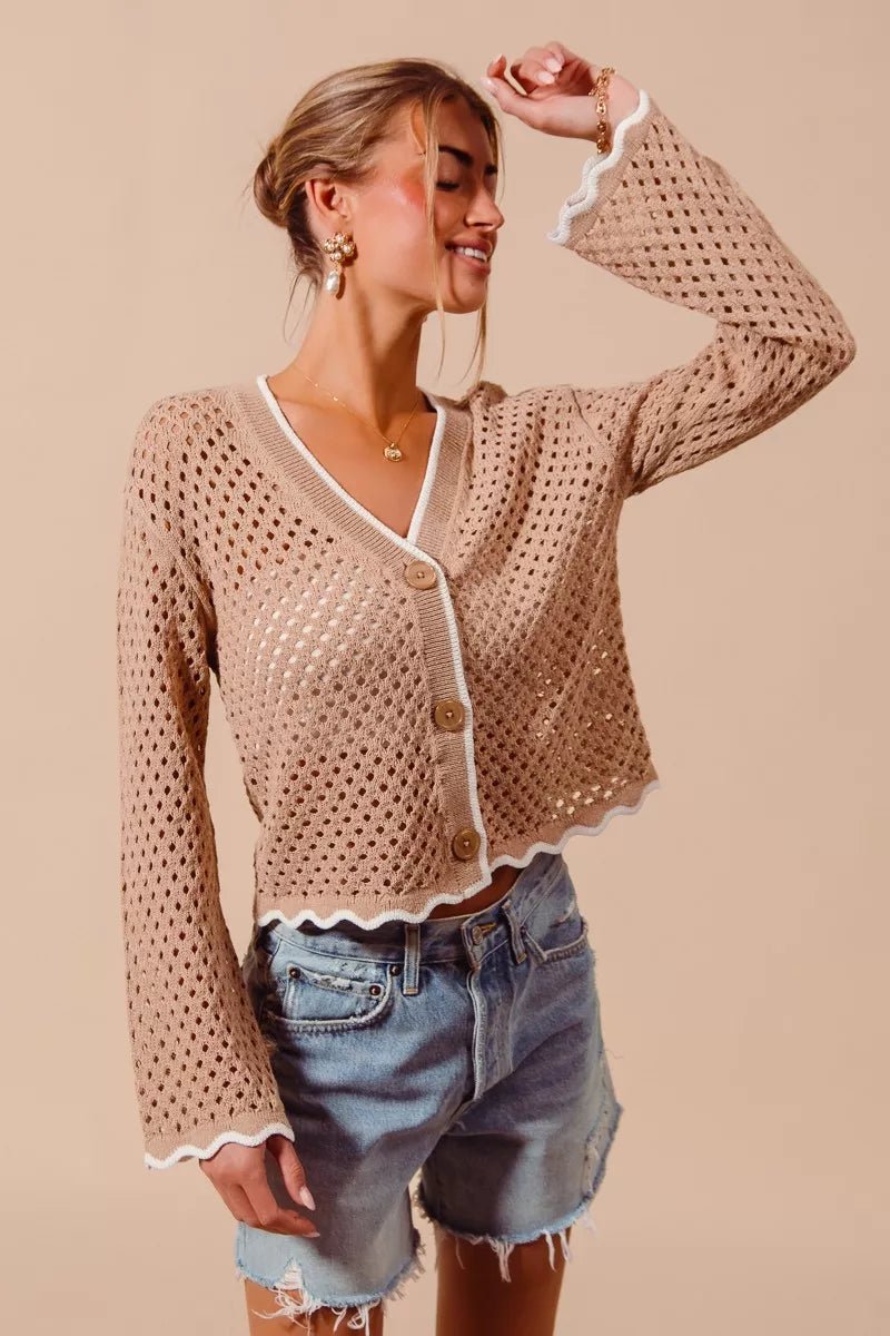 SO ME Open Knit Light Weight Sweater Cardigan With Contrast Wavy Scallop Edge - Rooted & Reckless Co.
