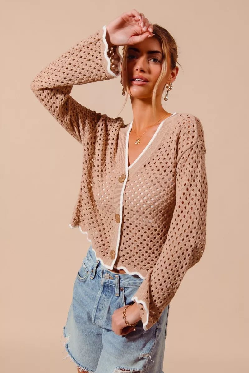 SO ME Open Knit Light Weight Sweater Cardigan With Contrast Wavy Scallop Edge - Rooted & Reckless Co.