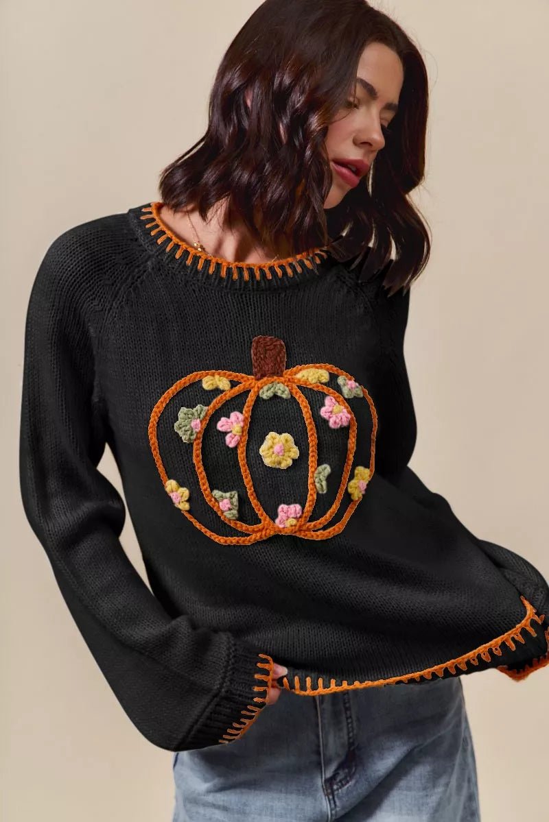 SO ME Pumpkin Floral Embroidered Thanksgiving Sweater - Rooted & Reckless Co.