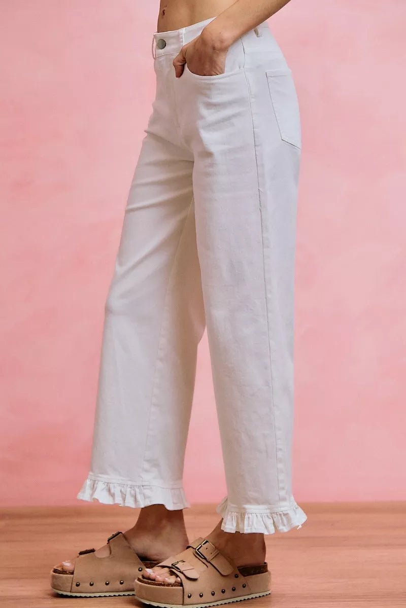 SO ME Ruffled Bottom Detail Mid Rise Jeans - Rooted & Reckless Co.