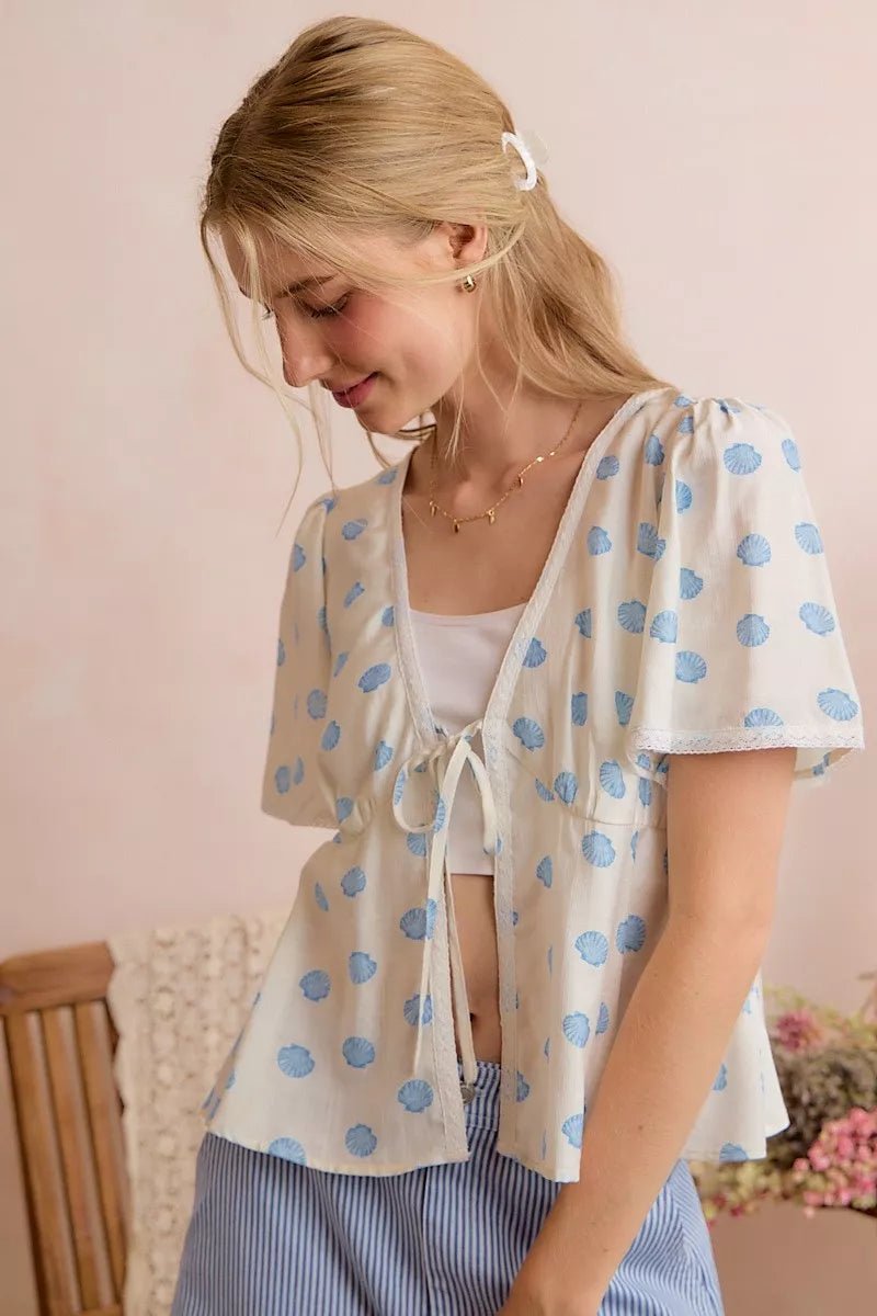SO ME Shell Print Tie Front Flutter Sleeves Blouse Top - Rooted & Reckless Co.