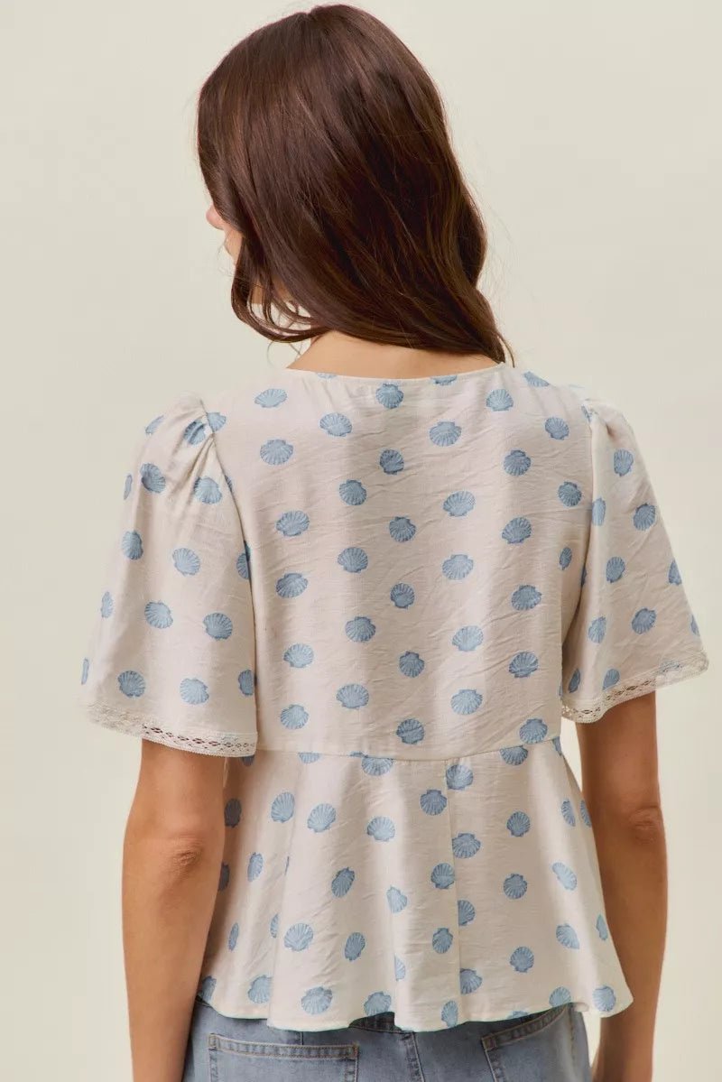 SO ME Shell Print Tie Front Flutter Sleeves Blouse Top - Rooted & Reckless Co.