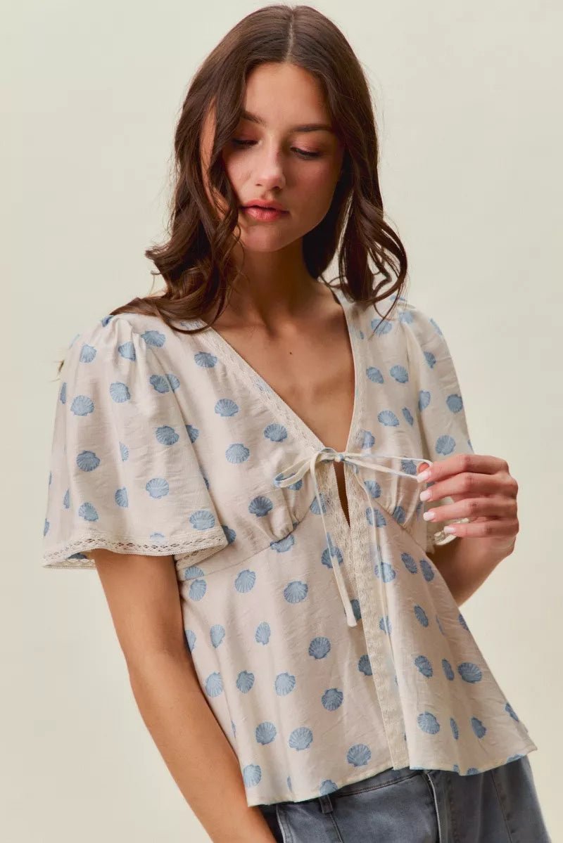 SO ME Shell Print Tie Front Flutter Sleeves Blouse Top - Rooted & Reckless Co.