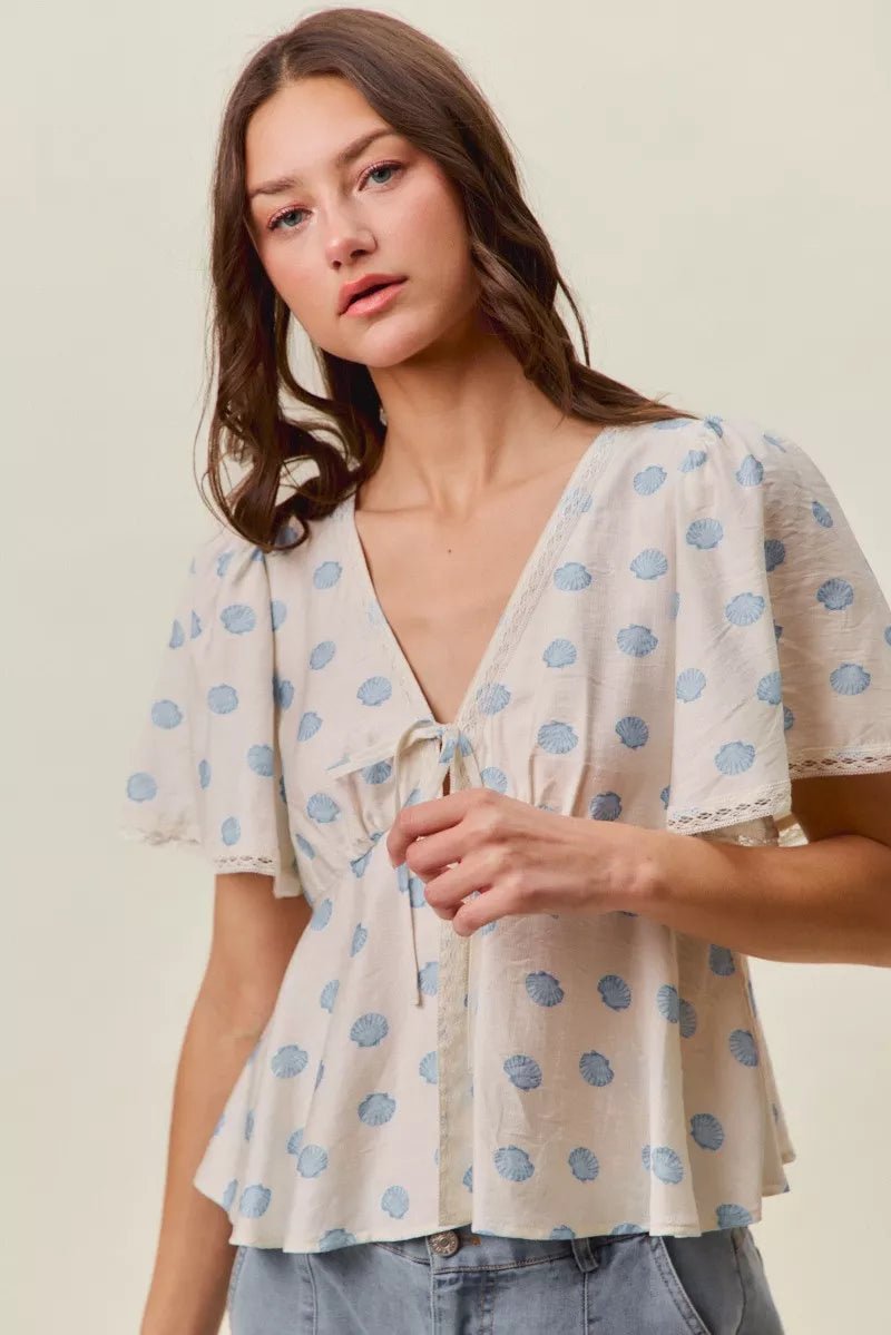 SO ME Shell Print Tie Front Flutter Sleeves Blouse Top - Rooted & Reckless Co.