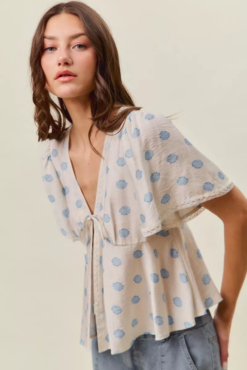 SO ME Shell Print Tie Front Flutter Sleeves Blouse Top - Rooted & Reckless Co.