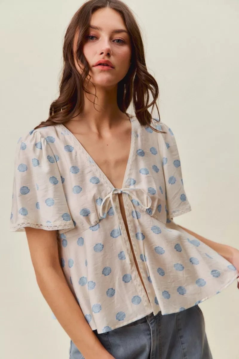 SO ME Shell Print Tie Front Flutter Sleeves Blouse Top - Rooted & Reckless Co.