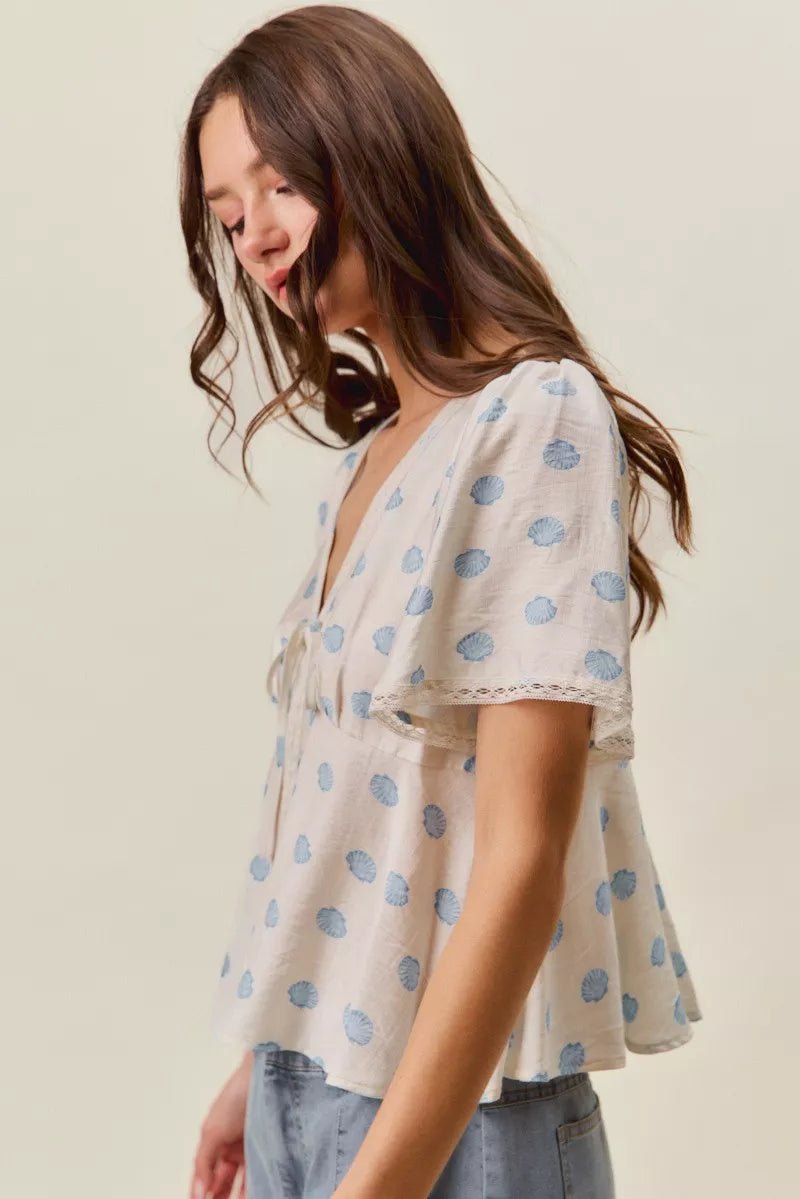 SO ME Shell Print Tie Front Flutter Sleeves Blouse Top - Rooted & Reckless Co.
