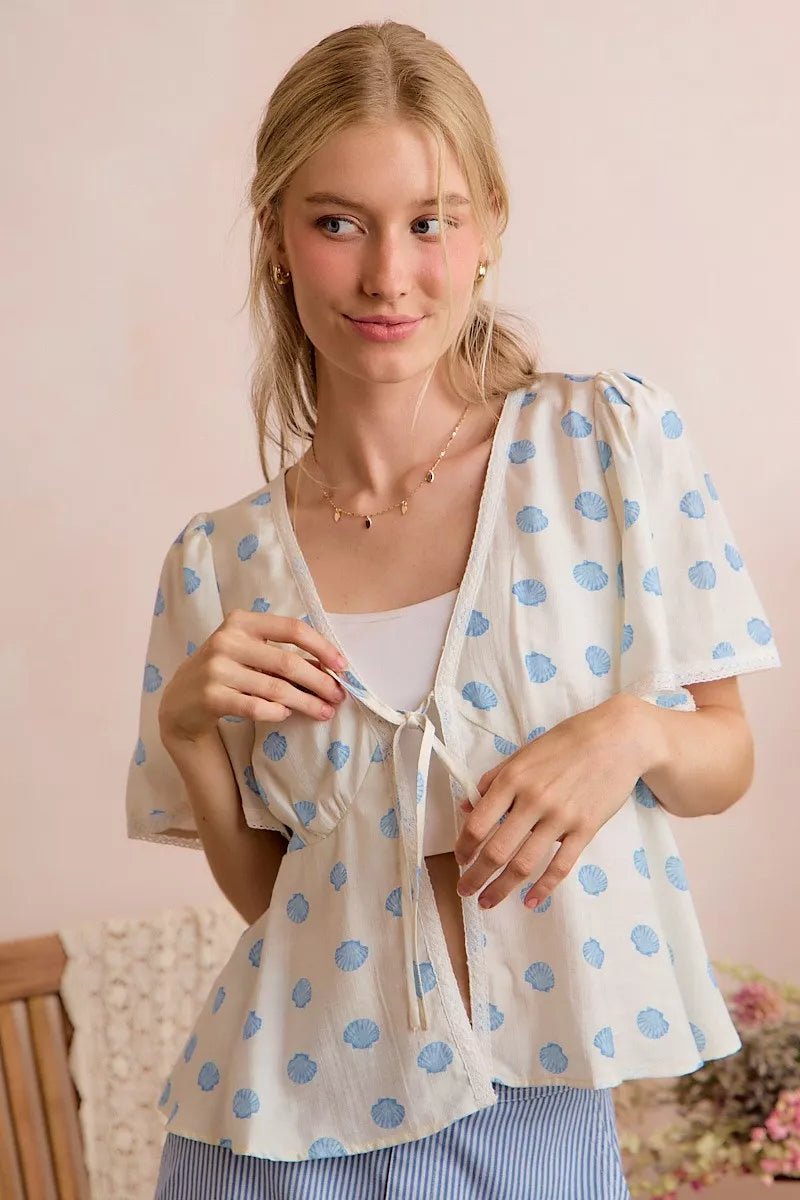 SO ME Shell Print Tie Front Flutter Sleeves Blouse Top - Rooted & Reckless Co.