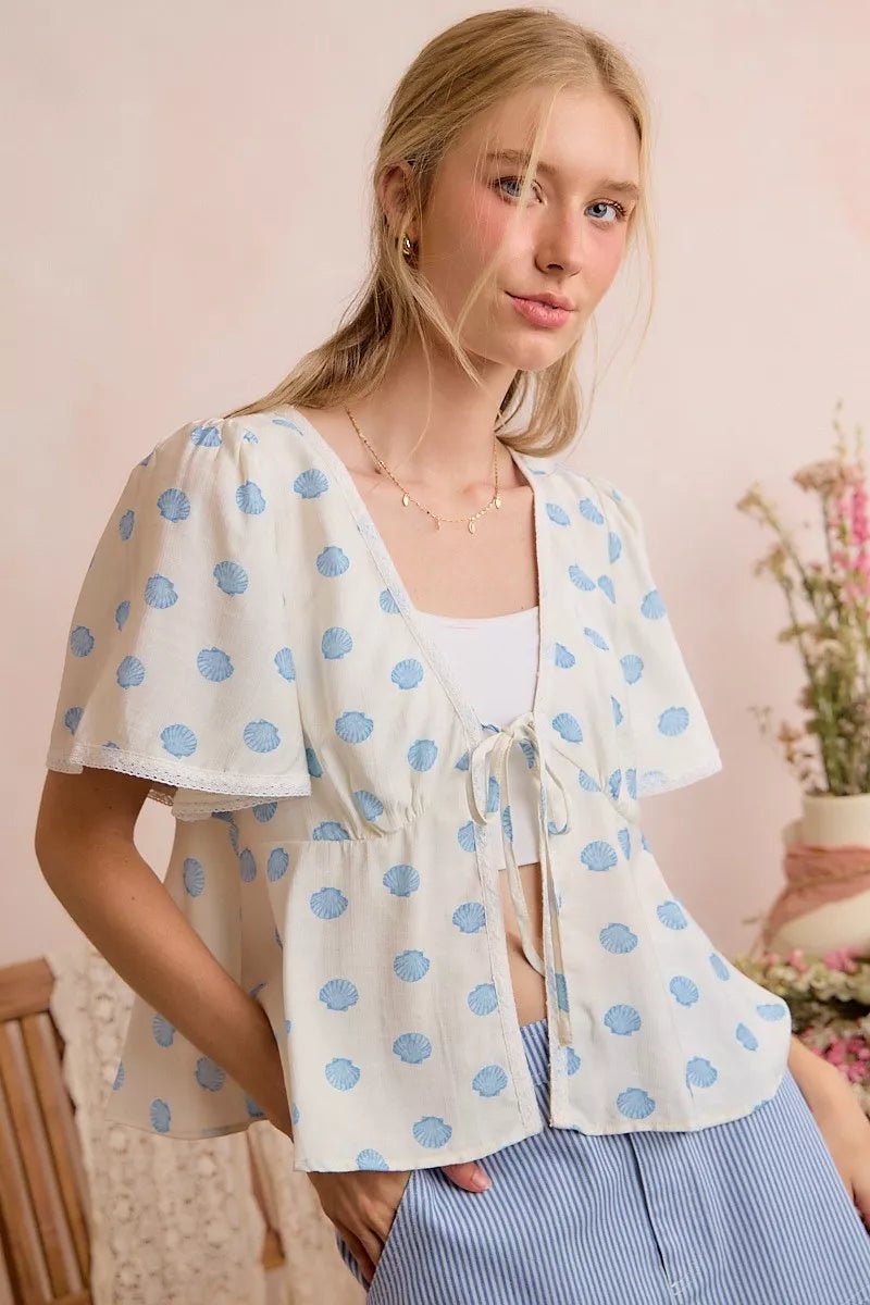 SO ME Shell Print Tie Front Flutter Sleeves Blouse Top - Rooted & Reckless Co.