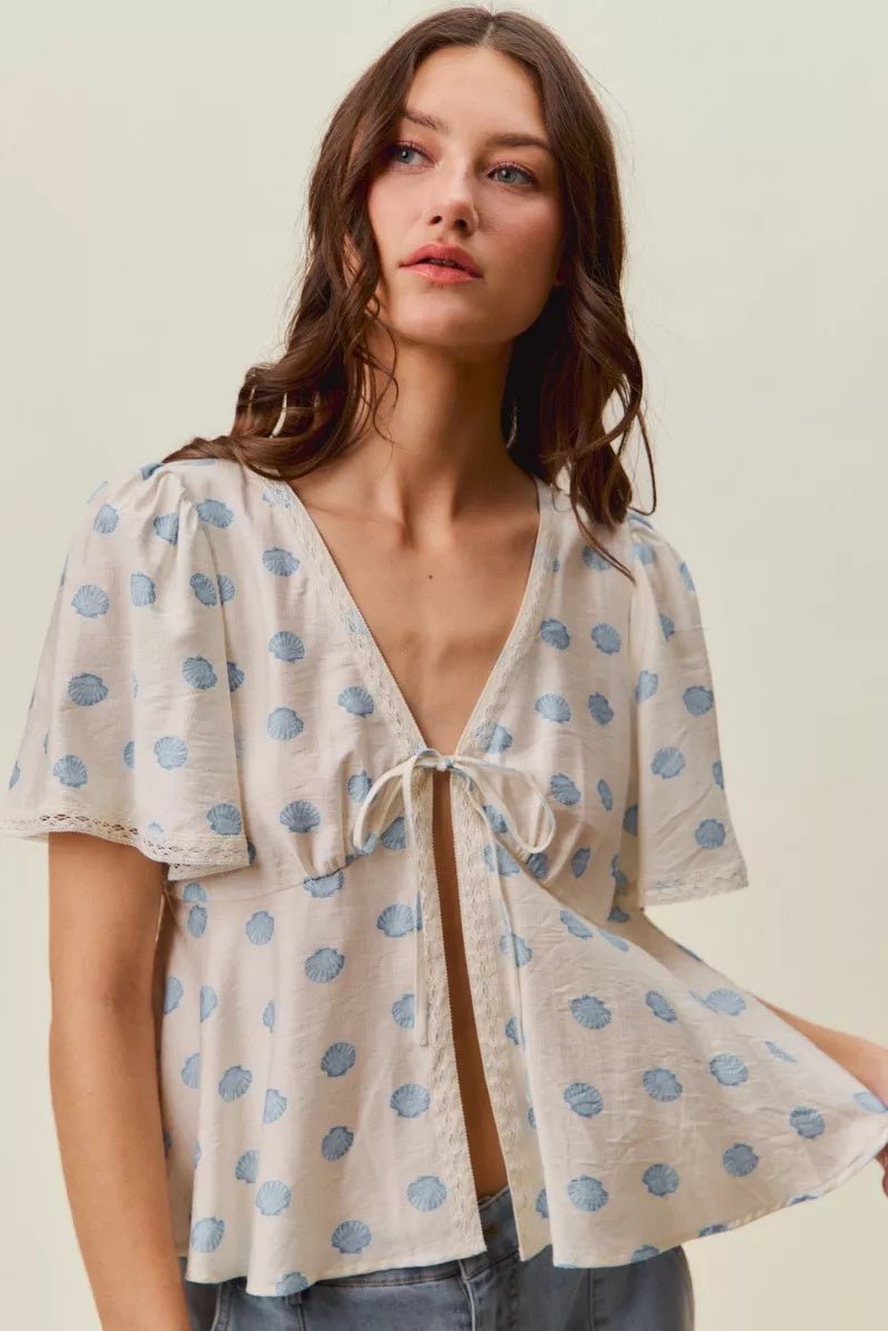 SO ME Shell Print Tie Front Flutter Sleeves Blouse Top - Rooted & Reckless Co.