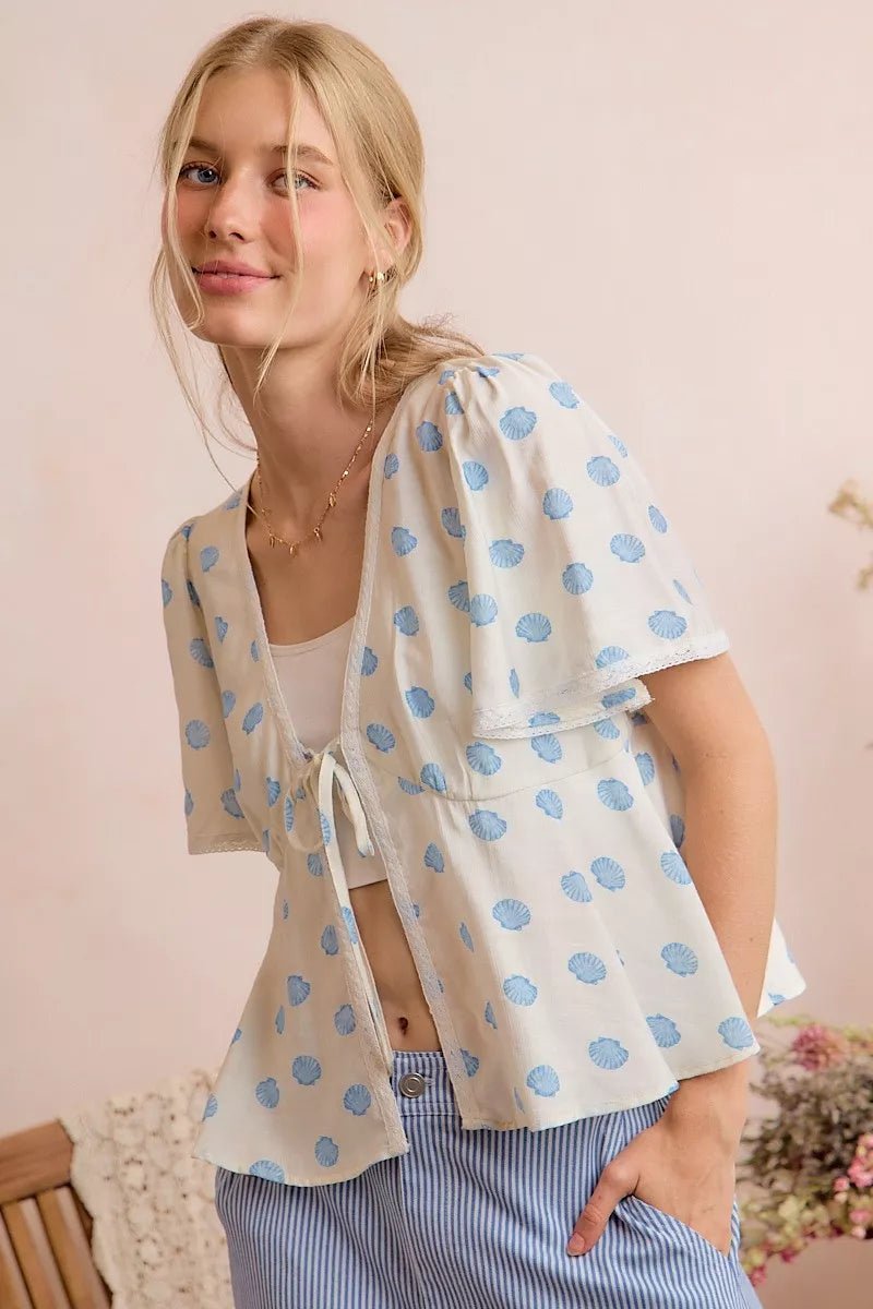 SO ME Shell Print Tie Front Flutter Sleeves Blouse Top - Rooted & Reckless Co.