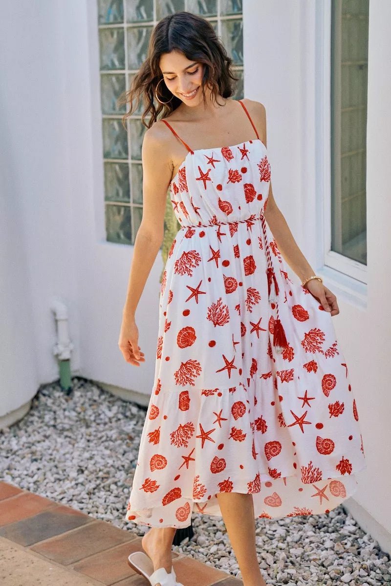 SO ME Shell Print Tiered Lined Midi Cami Dress With Belt - Rooted & Reckless Co.
