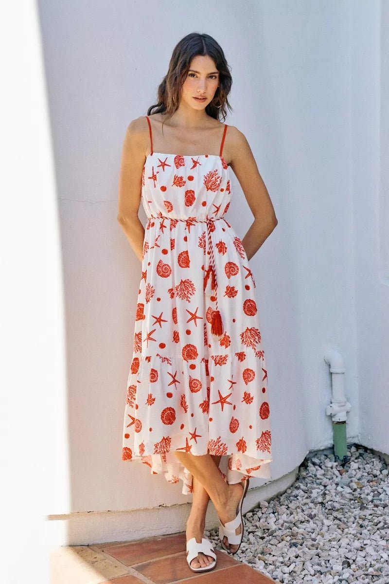 SO ME Shell Print Tiered Lined Midi Cami Dress With Belt - Rooted & Reckless Co.