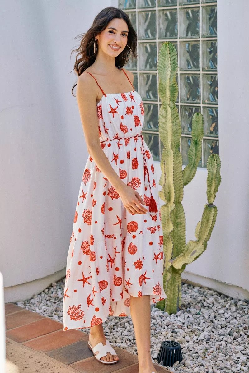 SO ME Shell Print Tiered Lined Midi Cami Dress With Belt - Rooted & Reckless Co.