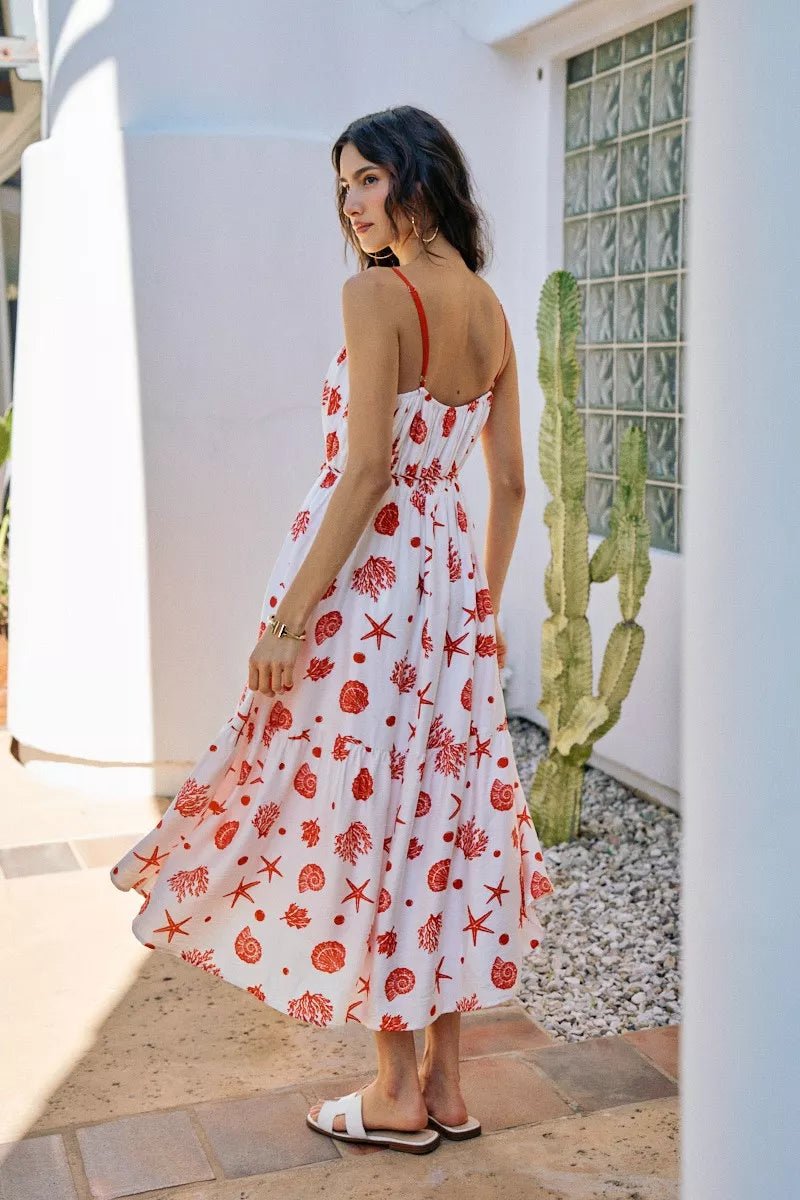 SO ME Shell Print Tiered Lined Midi Cami Dress With Belt - Rooted & Reckless Co.