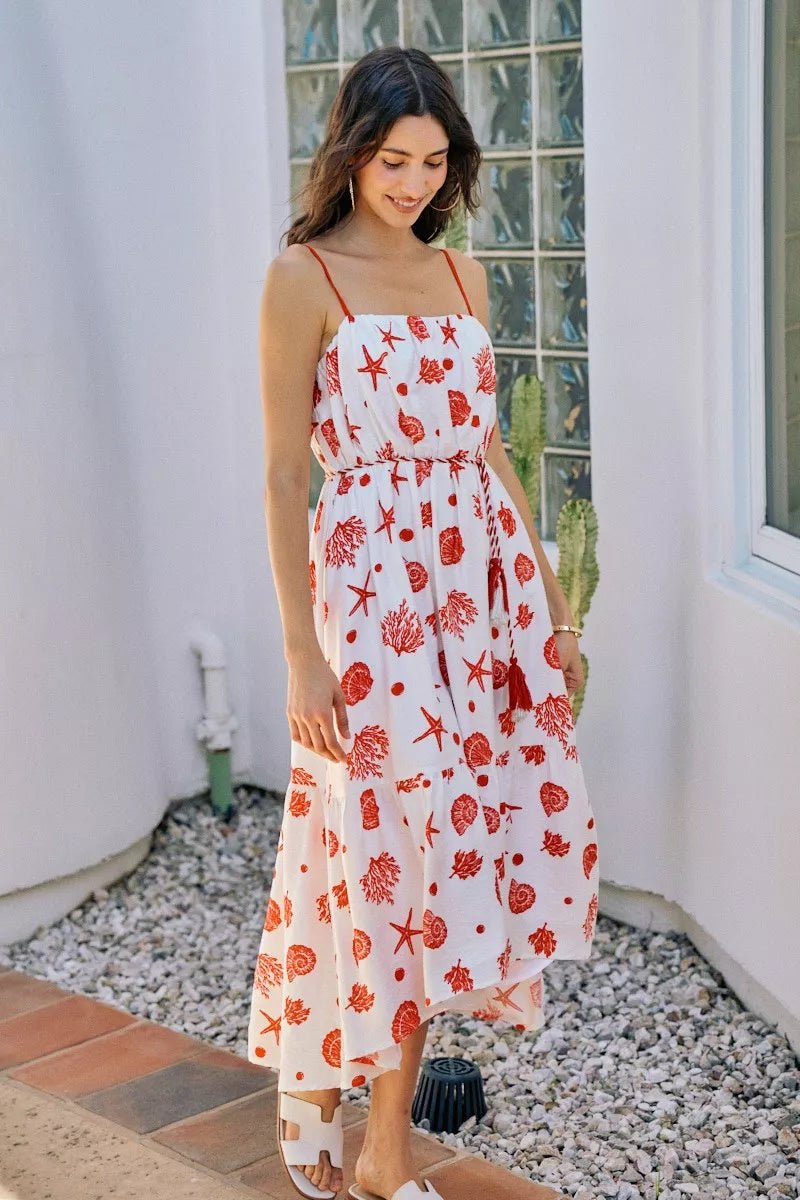 SO ME Shell Print Tiered Lined Midi Cami Dress With Belt - Rooted & Reckless Co.