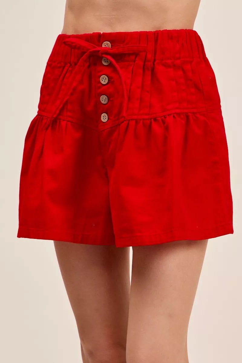 SO ME Solid Twill Denim Pintucked Buttoned Shorts With Waist Tie - Rooted & Reckless Co.