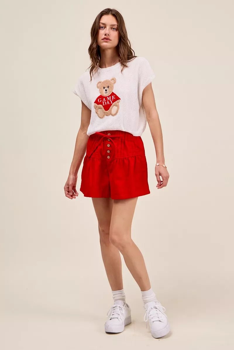 SO ME Solid Twill Denim Pintucked Buttoned Shorts With Waist Tie - Rooted & Reckless Co.
