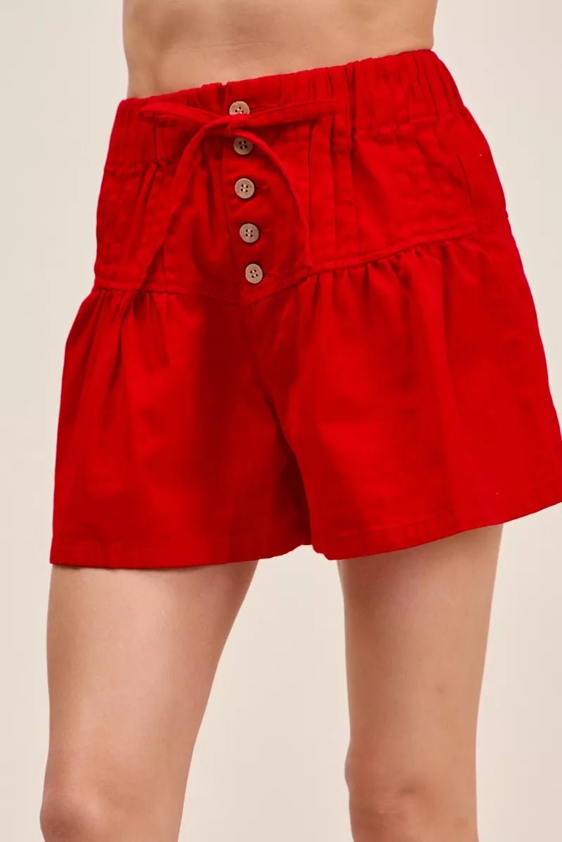 SO ME Solid Twill Denim Pintucked Buttoned Shorts With Waist Tie - Rooted & Reckless Co.