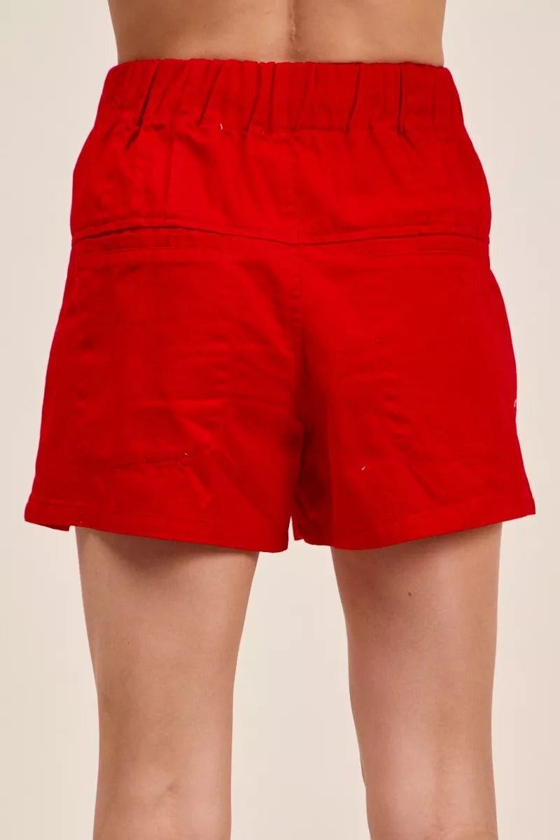 SO ME Solid Twill Denim Pintucked Buttoned Shorts With Waist Tie - Rooted & Reckless Co.