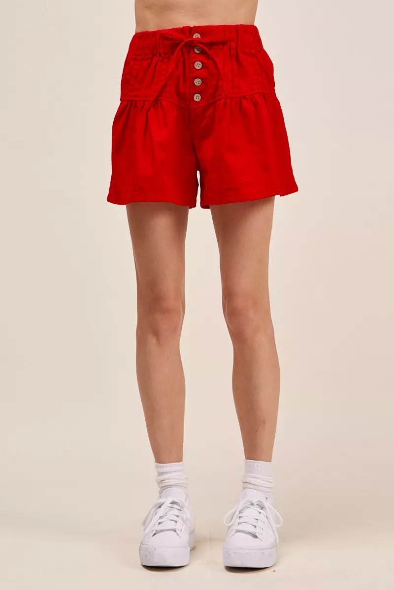 SO ME Solid Twill Denim Pintucked Buttoned Shorts With Waist Tie - Rooted & Reckless Co.