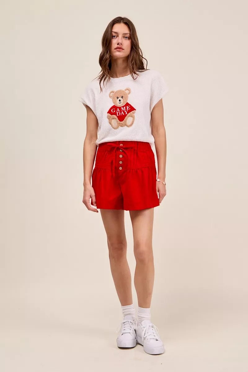 SO ME Solid Twill Denim Pintucked Buttoned Shorts With Waist Tie - Rooted & Reckless Co.
