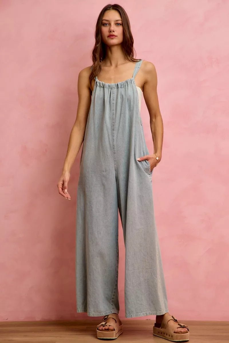 SO ME Wide Leg Lightweight Denim Overalls - Rooted & Reckless Co.