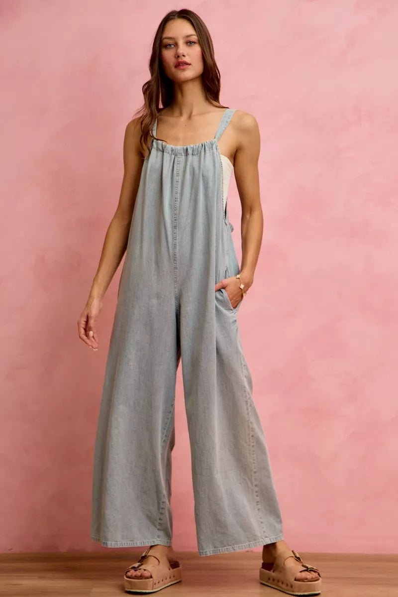 SO ME Wide Leg Lightweight Denim Overalls - Rooted & Reckless Co.