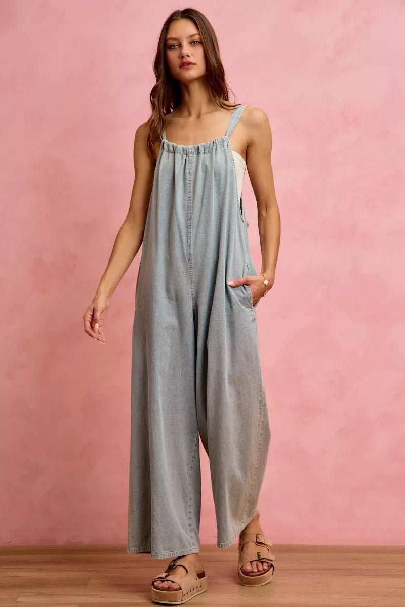 SO ME Wide Leg Lightweight Denim Overalls - Rooted & Reckless Co.