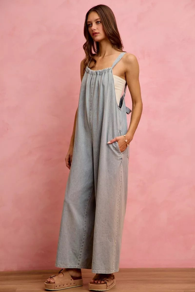 SO ME Wide Leg Lightweight Denim Overalls - Rooted & Reckless Co.