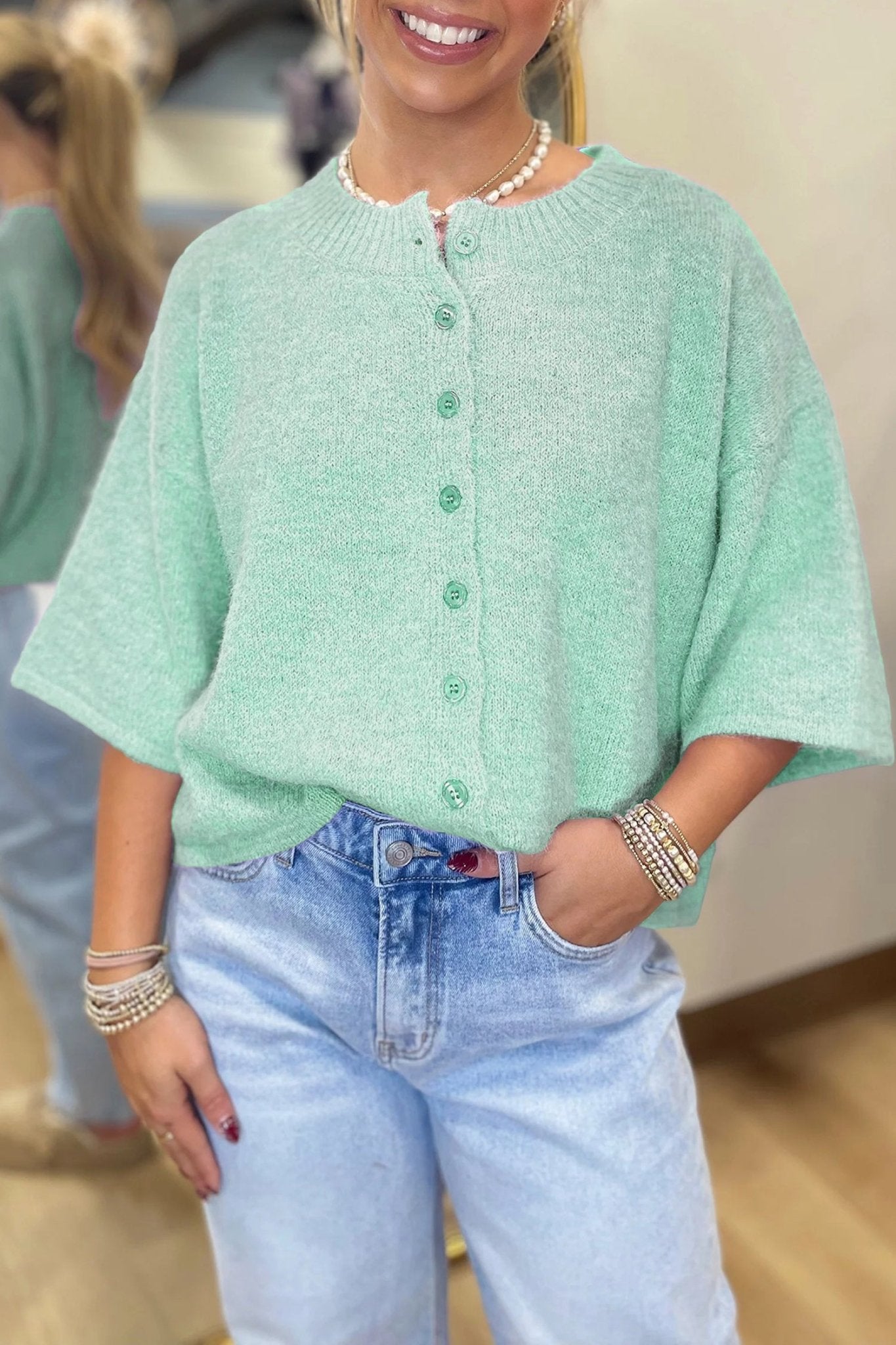 Solid 3/4 Sleeve Boxy Button-Down Cardigan - Rooted & Reckless Co.