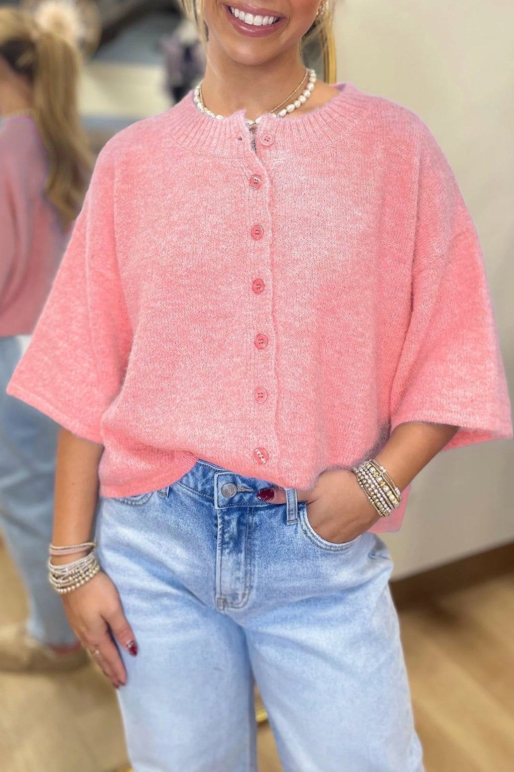 Solid 3/4 Sleeve Boxy Button-Down Cardigan - Rooted & Reckless Co.