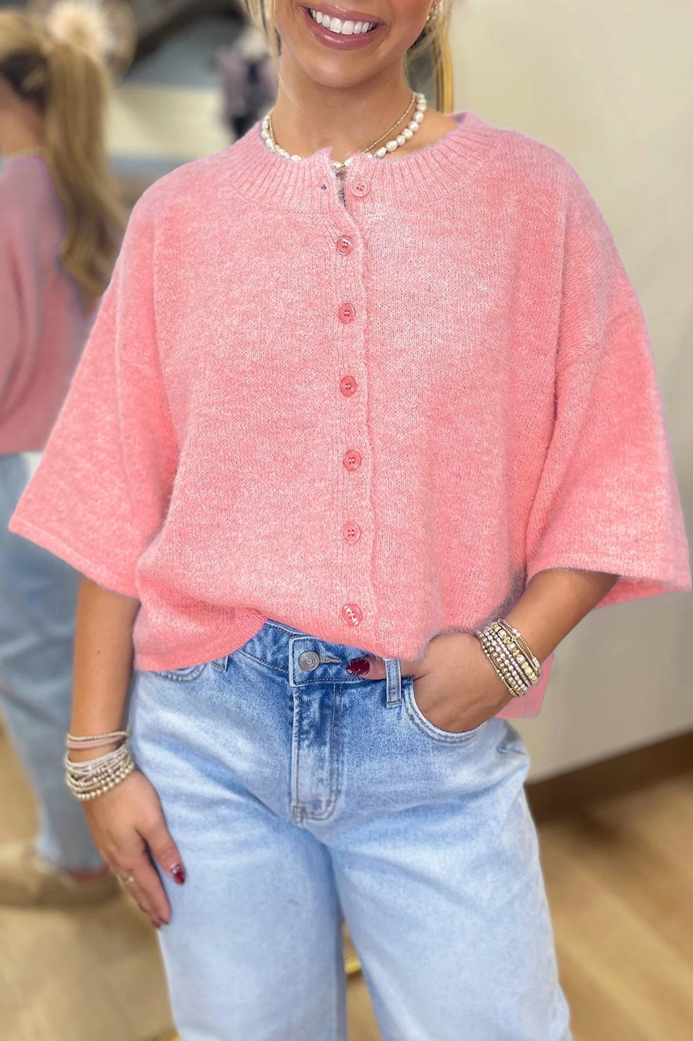 Solid 3/4 Sleeve Boxy Button-Down Cardigan - Rooted & Reckless Co.