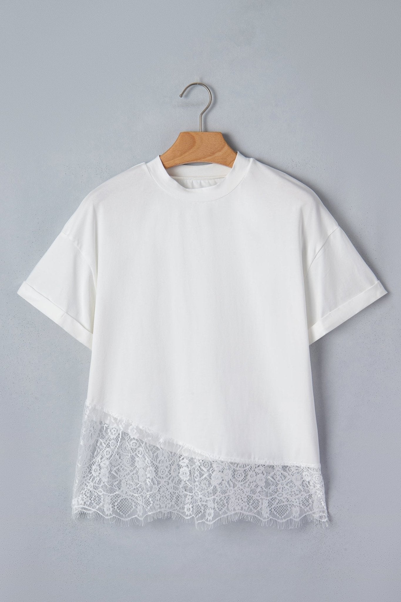 Solid Asymmetric Lace Hem Patchwork T-Shirt - Rooted & Reckless Co.