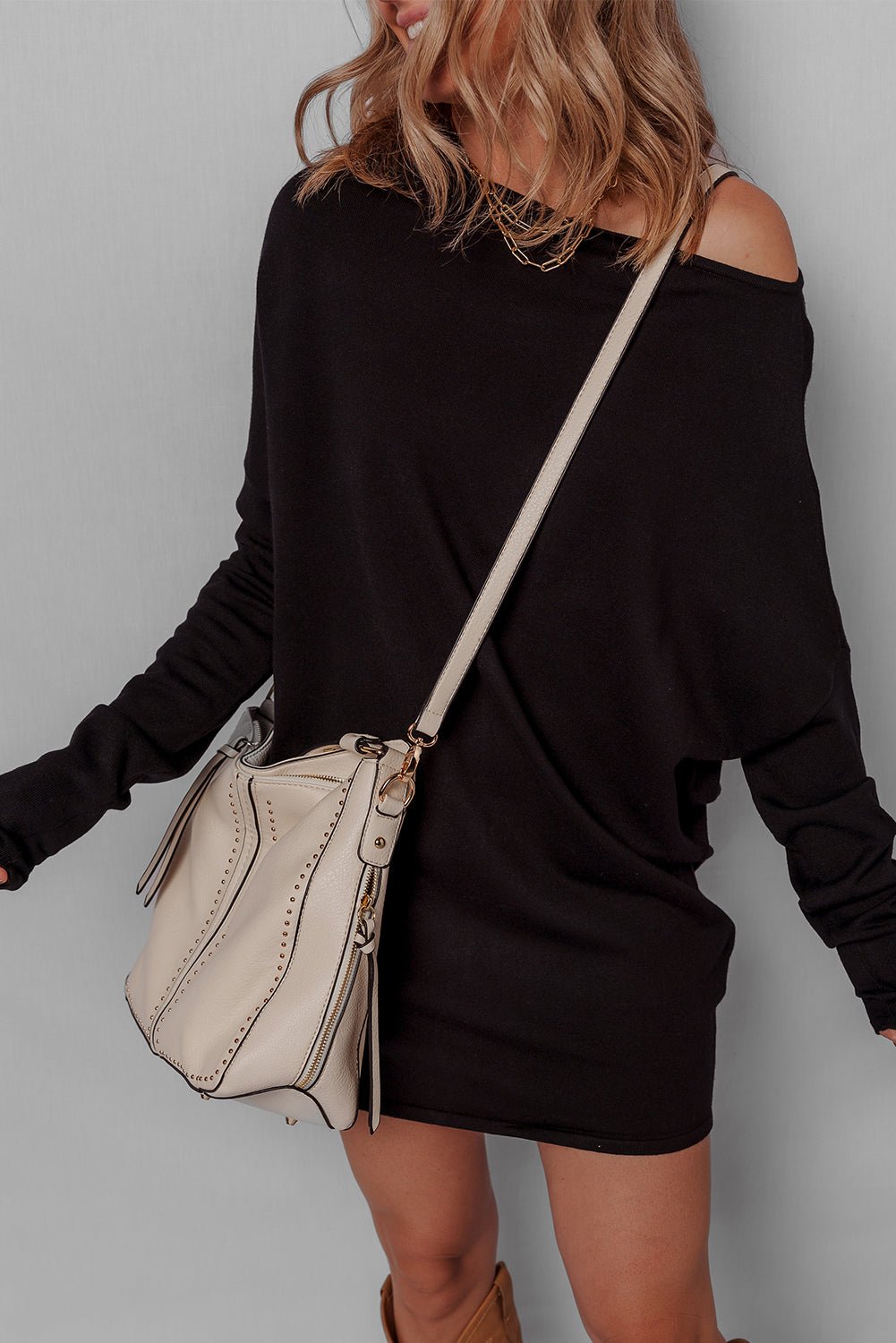 Solid Asymmetric Neck Sweater Mini Dress - Rooted & Reckless Co.