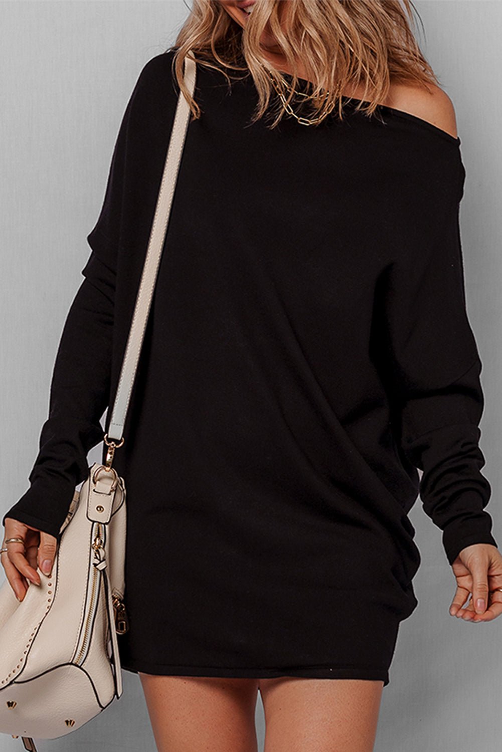 Solid Asymmetric Neck Sweater Mini Dress - Rooted & Reckless Co.