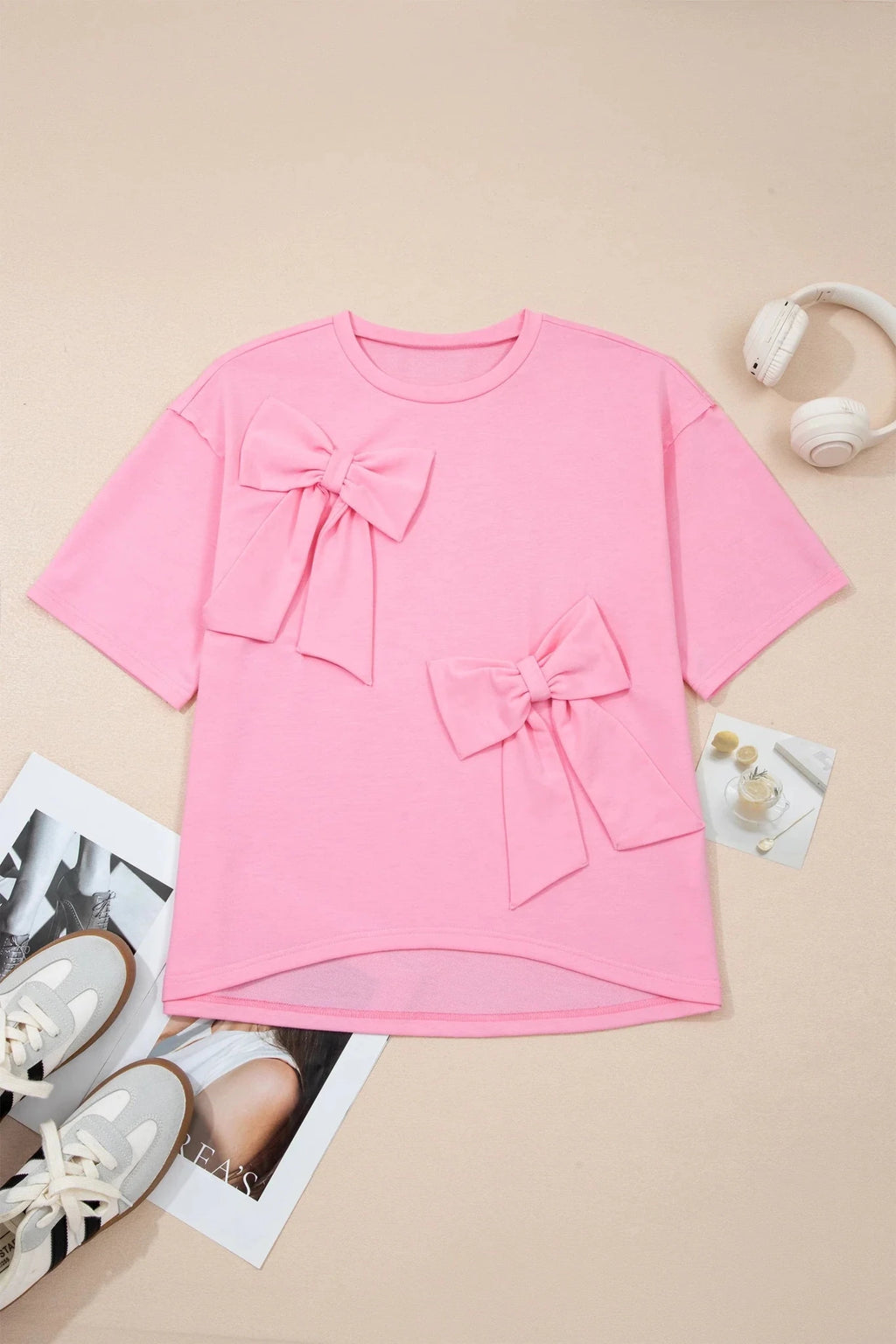 Solid Bow Patch Raw Edge Loose T-Shirt - Rooted & Reckless Co.