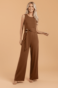Solid Buckle Sash Sleeveless Loose Jumpsuit - Rooted & Reckless Co.
