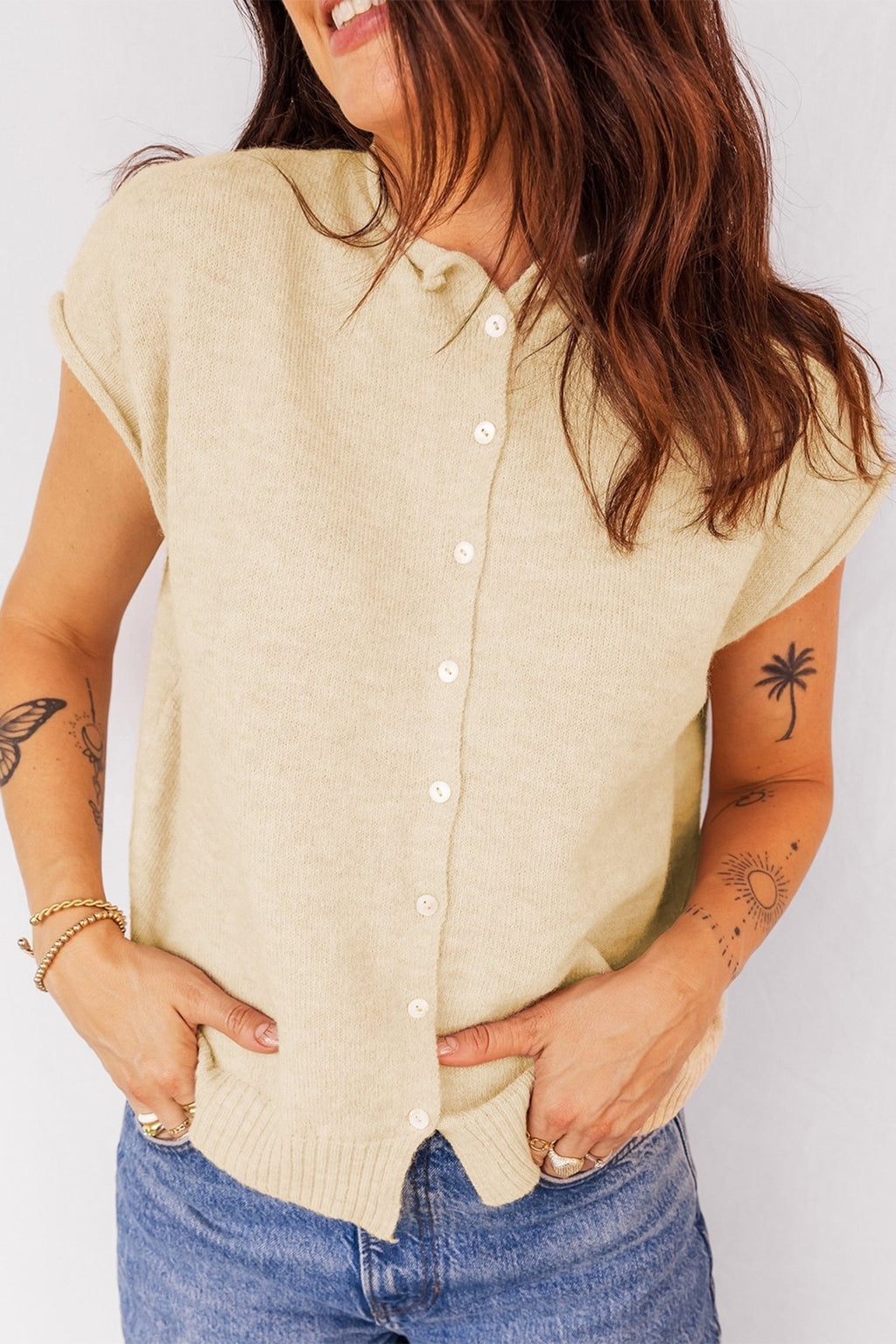 Solid Button-Front Rolled Hem Sweater Top - Rooted & Reckless Co.