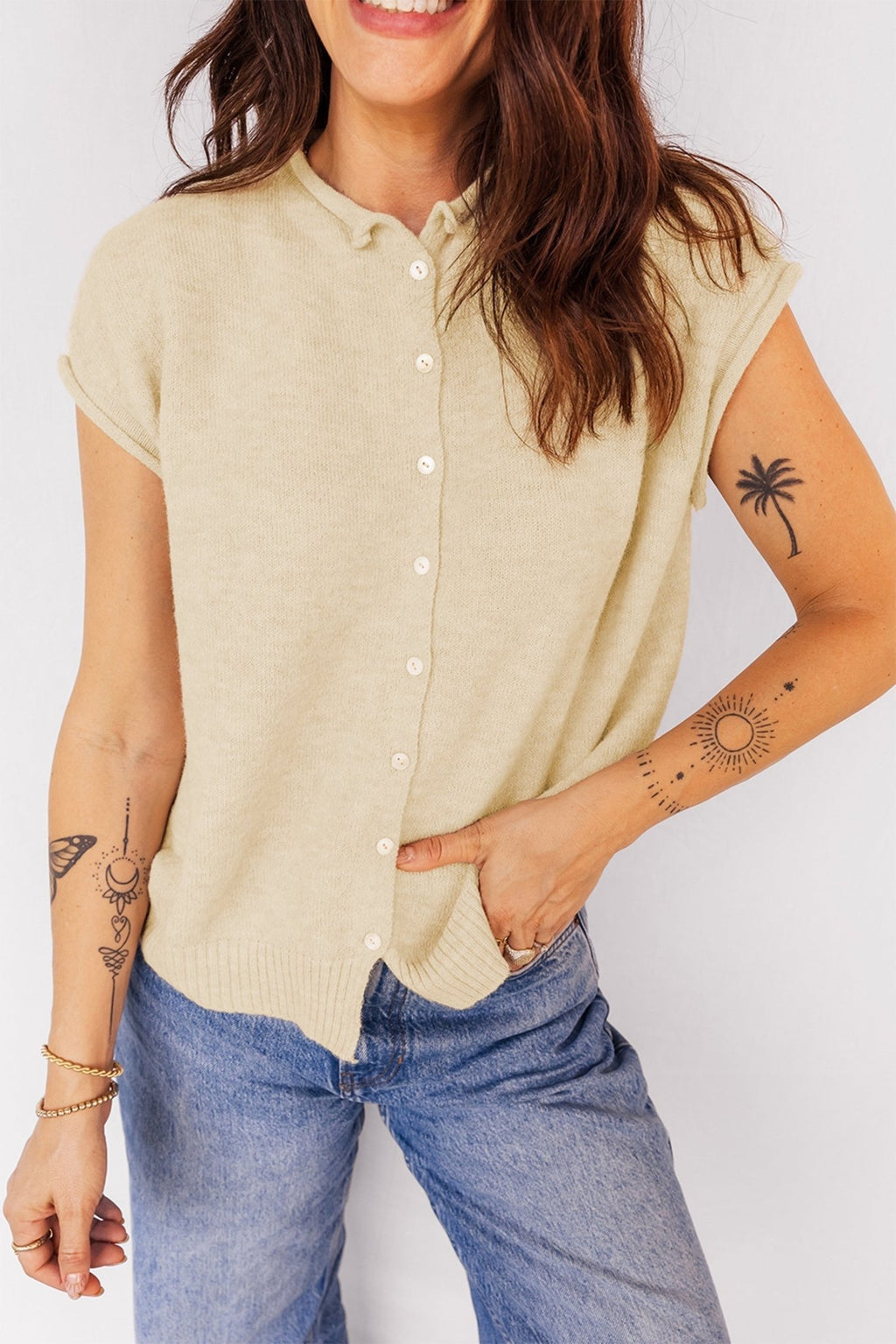 Solid Button-Front Rolled Hem Sweater Top - Rooted & Reckless Co.