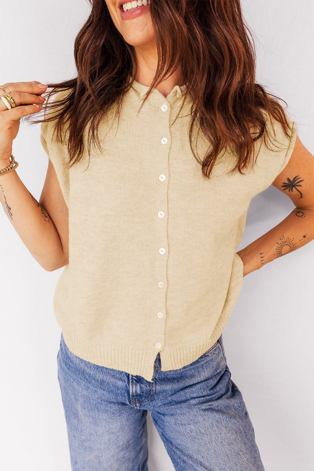 Solid Button-Front Rolled Hem Sweater Top - Rooted & Reckless Co.