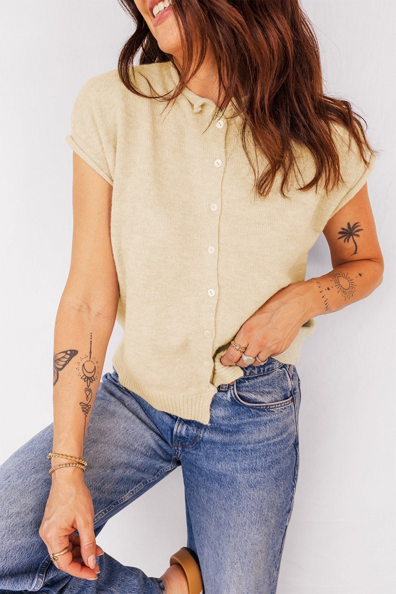 Solid Button-Front Rolled Hem Sweater Top - Rooted & Reckless Co.