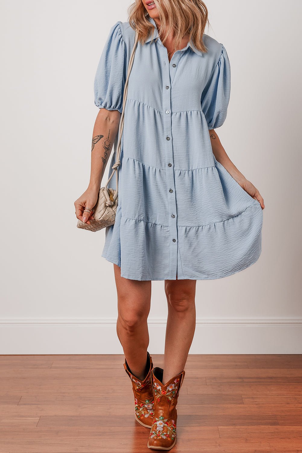 Solid Button-Up Collared Tiered Dress - Rooted & Reckless Co.